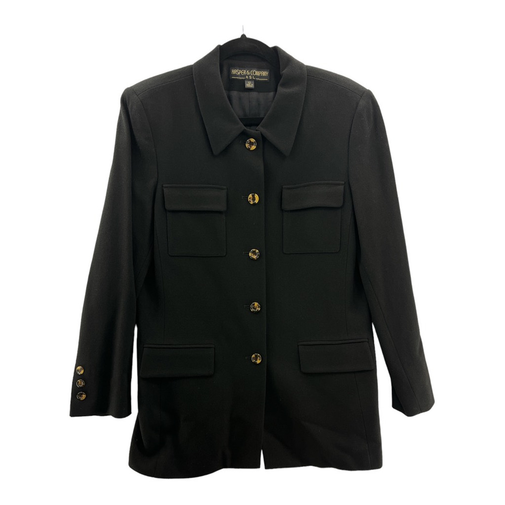 Kasper & Company ASL Womens Jacket Black Hip Length Lined Flap Pockets Wool 12